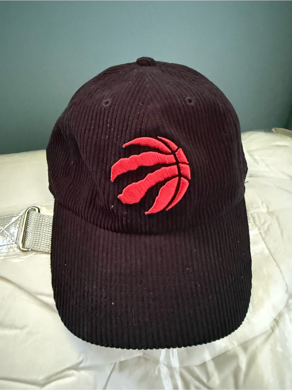 Black Corduroy Baseball Cap with Red Embroidered Logo